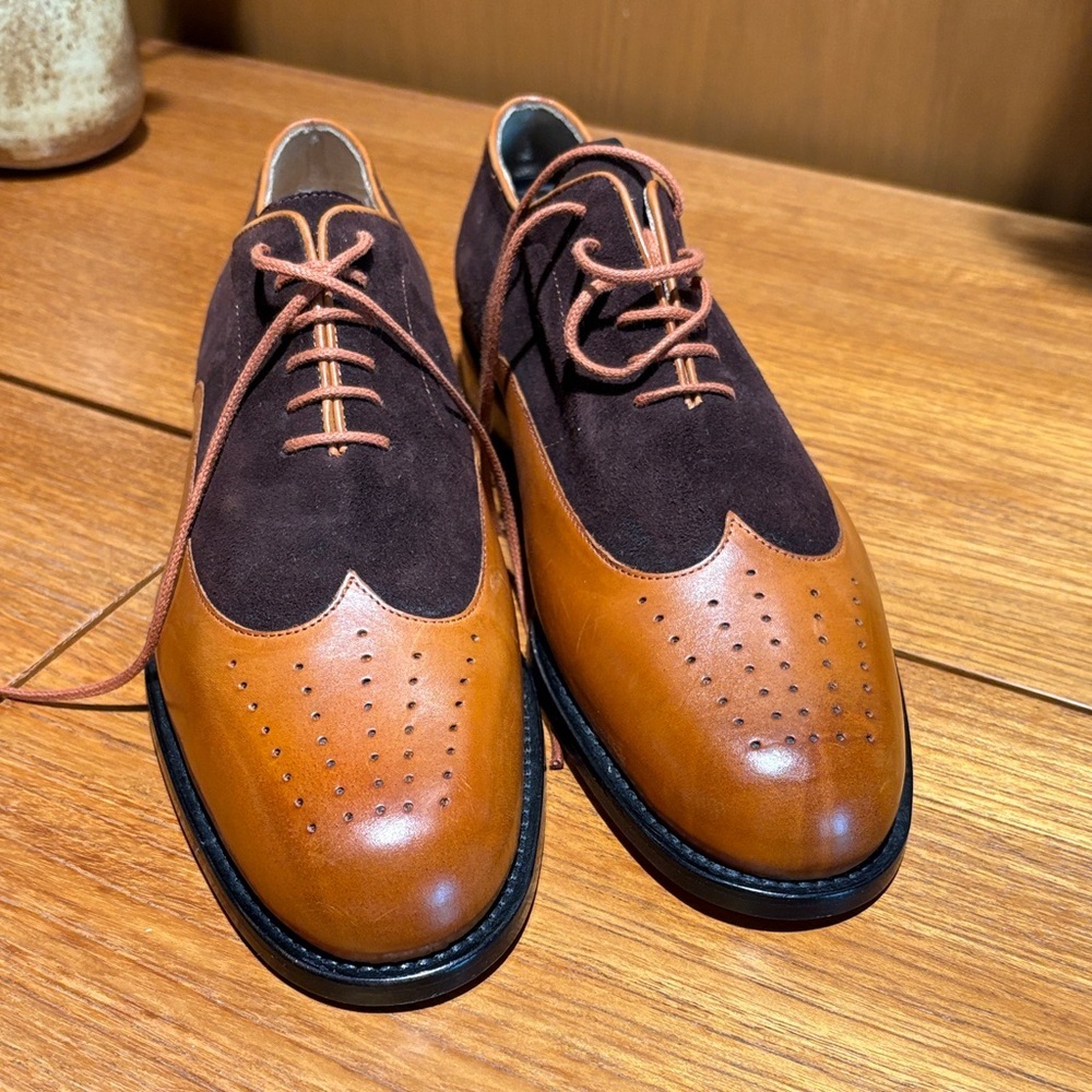 New Stephane Kelian Paris Mens perforated cap toe leather, laces brown suede 6.5